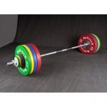 olympic weightlifting bar with competition bumper weight plates