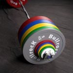 Color bumper weight plates with weightlifting olympic bar